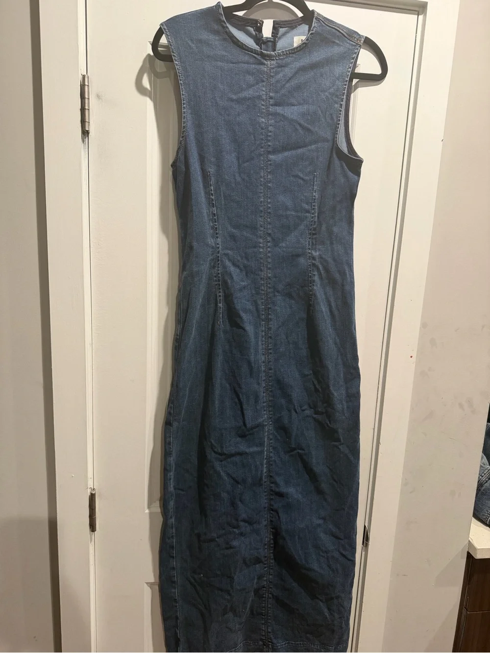 Reformation Sleeveless Denim Midi Dress in Blue with Black Belt - Picture 6 of 8